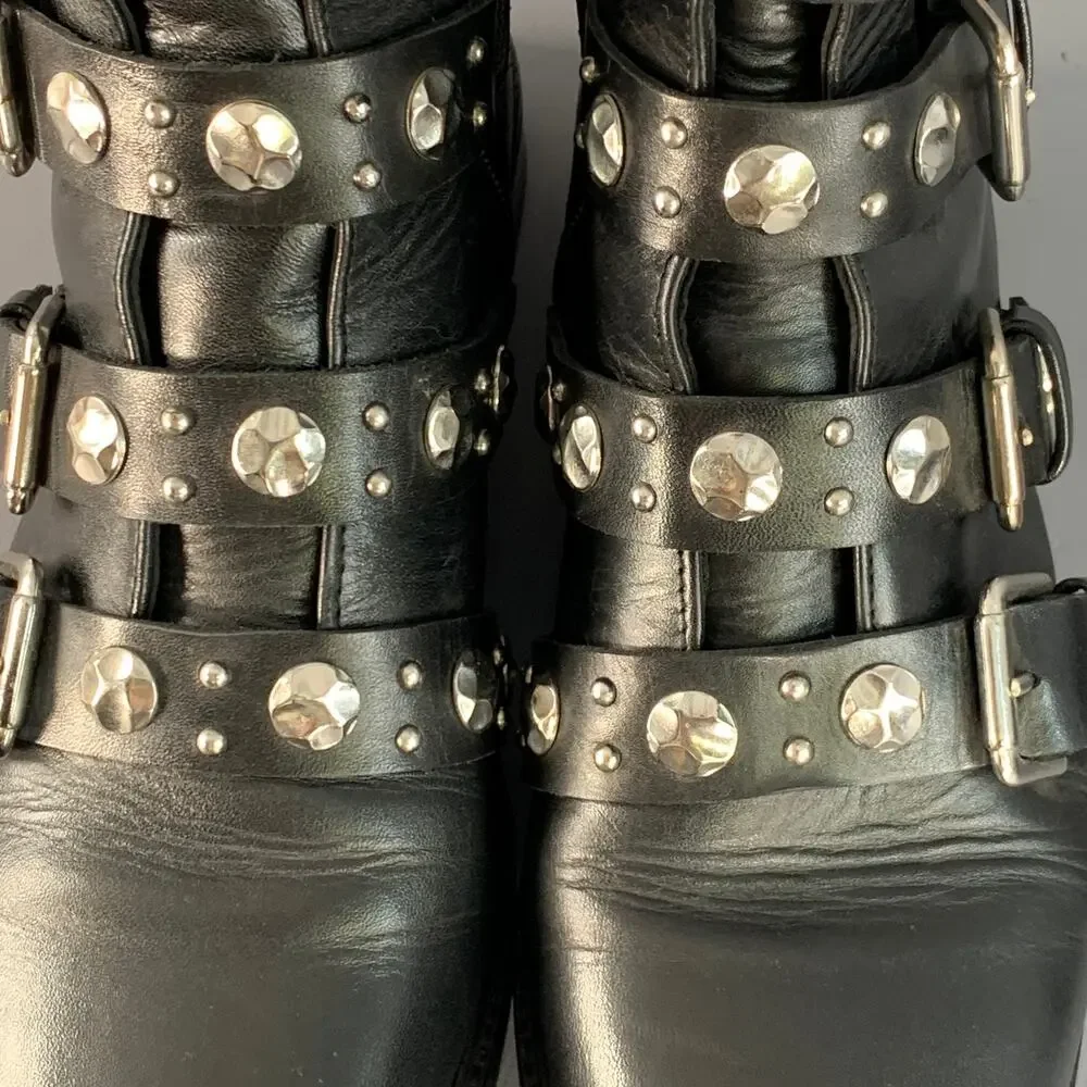 MAJE Size 9 Black Leather Studded Belted Side Zipper Military Ankle Boots - Picture 8 of 8